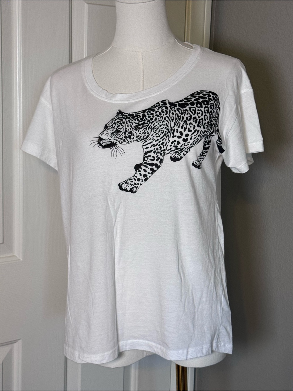 Workshop Republic Clothing White Short Sleeve Tee with Black Leopard Print